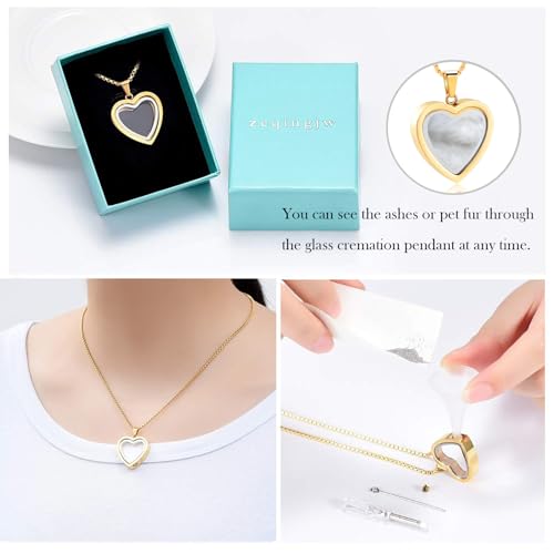 zeqingjw Glass Cremation Jewelry Necklace for Ashes Heart Memorial Lockets for Ashes Stainless Steel Keepsake Urn Ashes Pendants - color: Gold