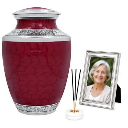 CLEENTABLE Metal Alloy Cremation Urn for Human Ashes, Maroon & Silver - color: Maroon, size: 6.5x11"