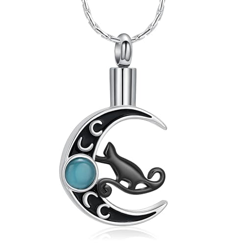 constantlife Cat Moon Urn Necklace for Women Pet Cremation Jewelry for Ashes Stainless Steel Pendant Funeral Keepsake Loved Ones Memorial Gift - color: Y-Black