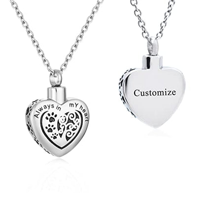 Heart Pet Urn Necklace for Ashes Dog Cat Paw Print Memorial Keepsake Jewelry Always In My Heart Engraved Pet Ashes Casket Tree of Life Pet Cremation Urn Pendant Necklace - color: Customize