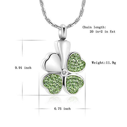 constantlife Cremation Jewelry Memorial Urn Necklace for Ashes Lucky Four-Leaf Clover Design Stainless Steel Pendant Keepsake - color: Silver+Light Green