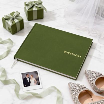 Wedding Guest Book – Guest Book for Receptions, Baby Showers & Celebrations | Grass Green Linen Hardcover, Polaroid Guest Book with 100 Half Blank and Lined Pages for Signatures and Photos - color: Grass Green