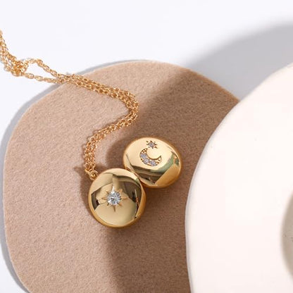 Gold Locket Necklace for Women Vintage, Heart Star Moon Butterfly Angel Holds Picture Photo Oval Locket Pendant Memorial Necklace Personalized Celestial Jewelry Birthday Gifts - style: Round Star Moon