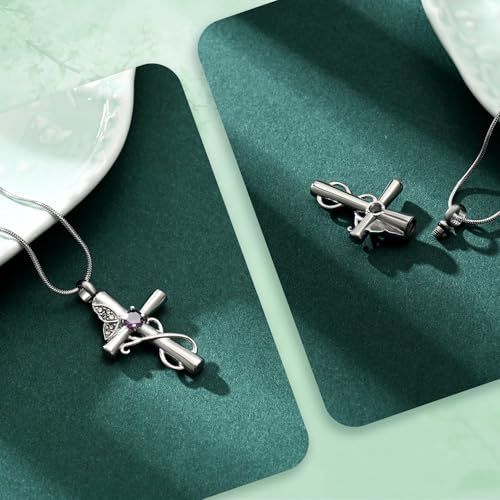 Butterfly Cross Cremation Jewelry Urn Necklaces Cross Butterfly Urn Necklaces for Ashes Memorial Keepsake Pendant for Women Men Gifts With Funnel Kit & Bag - color: Silver+Purple