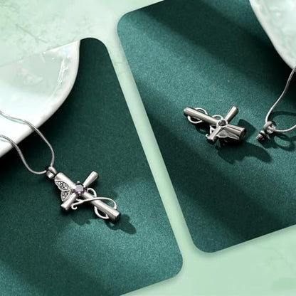 Butterfly Cross Cremation Jewelry Urn Necklaces Cross Butterfly Urn Necklaces for Ashes Memorial Keepsake Pendant for Women Men Gifts With Funnel Kit & Bag - color: Silver+Purple