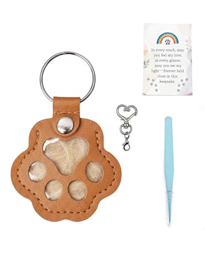 Cat & Dog Hair Keychain, Leather Dog Paw Hair Holder Fur Collection Key Chain Keepsake Pet Loss Memorial Gift - color: Brown