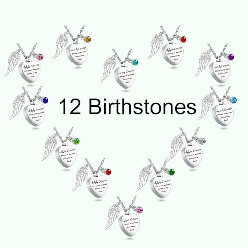 Gredstar Heart Urn Necklace for Ashes, ECG Memorial Pendant | Heartbeat Line, Angel Wing, 12 Birthstones, Stainless Steel, Screw Closure, Funnel & Box Included - style: Cousin