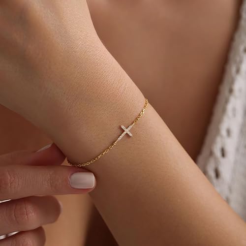Moodear Cross Bracelet for Women, Dainty Sterling Silver/Gold Plated Gift | Christian Religious Gifts for Teen, Stocking Stuffers, Adjustable Link Bracelets, Sparkling CZ Cross, Non Tarnish Jewelry - color: CZ Gold Cross Bracelet