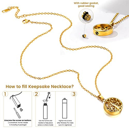 GOLDCHIC JEWELRY Urn Necklaces for Ashes, Stainless Steel Pet/Cross/Birthstone/Tree of Life Personalized Keepsake Memorial Jewelry for Women - color: Family Tree - 18k Gold Plated, style: Personalized Engraving