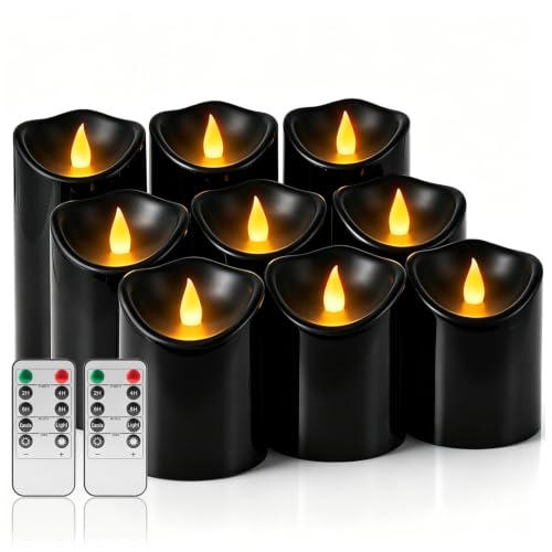 Flameless Candles 4" 5" 6" Set of 9 Outdoor Indoor Pillars Battery Operated Flickering Candles Include 8-Key Remote Timer Function Black Fake LED Candles for Wedding, Aniversary,Christmas Decor - color: Black Candle - Moving Flame, size: 3"D X 4"|5"|6"H -