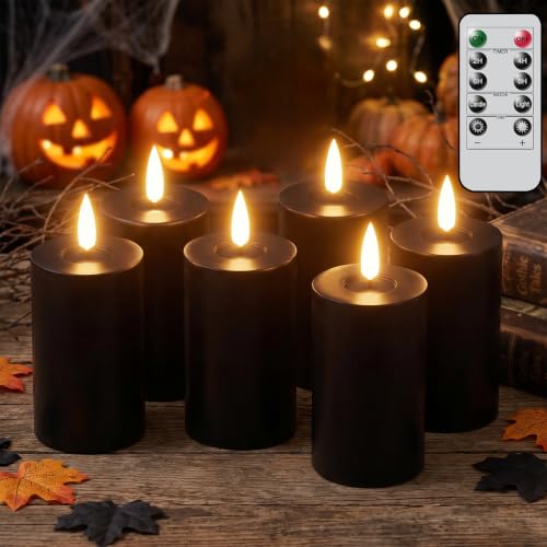 Halloween Decorations Mirror Surface Candles with Remote Timer, Battery Operated 6pcs Real Wax LED Votive Candle Realistic Flickering for for Halloween Decor Lantern Φ 2" H 4.5” Black - color: Black