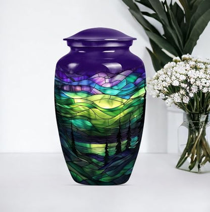 Aurora Borealis Northern Lights Cremation Urn - Urns for Human Ashes Adult | Mother, Dad, Female, Male - Funeral Urn - 10 Inch Metal Polished Ash Holder - Adult Urns for Human Ashes Men - Outdoor Urn - size: #1 (Large Size)