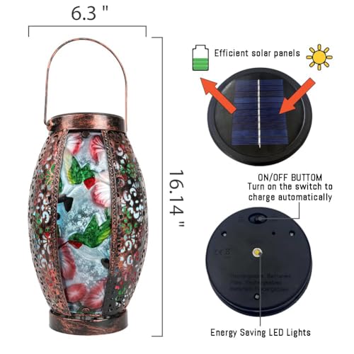 Hanging Solar Lantern Waterproof Garden Light Hummingbird-New | Glass & Metal, Tabletop Light with Hollowed-Out Design for Garden Patio Table Decor, Gifts for Friends and Family - style: Hummingbird+Flower