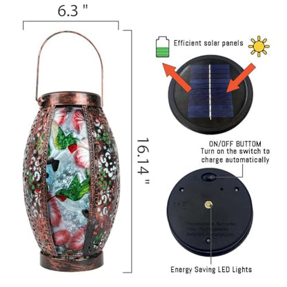 Hanging Solar Lantern Waterproof Garden Light Hummingbird-New | Glass & Metal, Tabletop Light with Hollowed-Out Design for Garden Patio Table Decor, Gifts for Friends and Family - style: Hummingbird+Flower