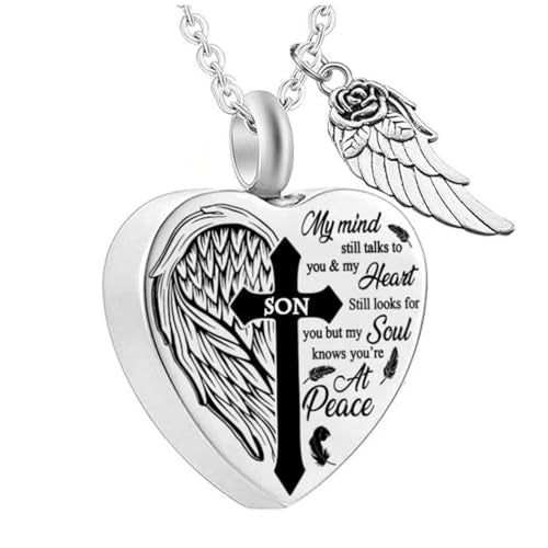 Heart Urn Necklaces for Ashes Cross Angel Wings Cremation Jewelry Keepsake Memorial Pendant for Men Women - style: Son