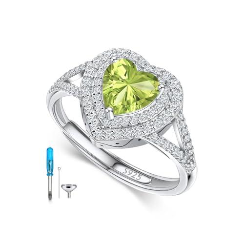 AOBOCO Sterling Silver Heart Birthstone Cremation Ring Holds Loved One's Ashes, Heart Urn Ring for Women, Memorial Keepsake Embellished with Austrian Crystals size 6-9 Adjustable Ring - color: 08-peridot-Aug