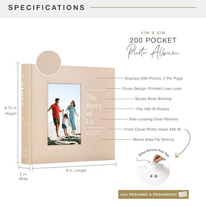 MCS The Story Of Us Photo Album, 200-Pocket, 4x6, Tan Linen Cover | Scrapbook-Style Keepsake Photo Album With Memo Space, Clear Side-Loading Pockets, Thoughtful Gift - style: Story of Us