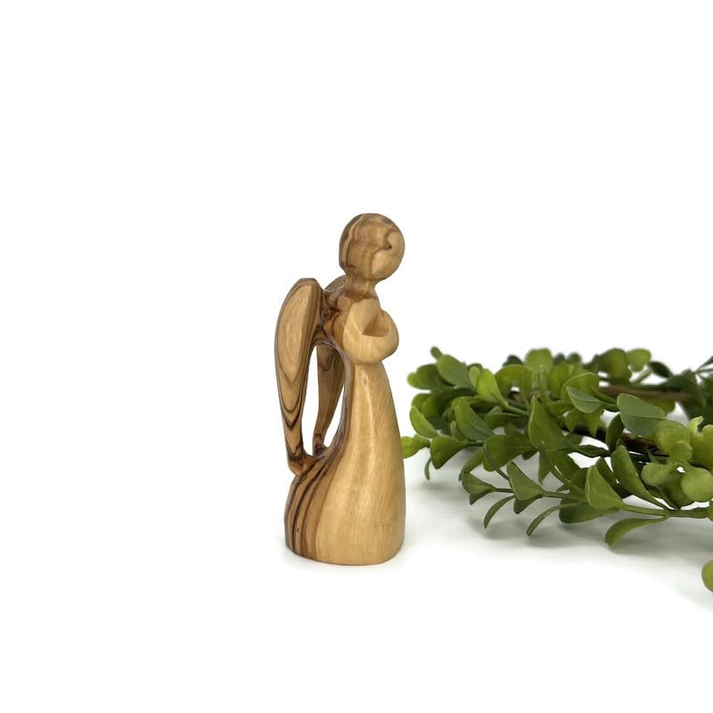 Praying Angel Figurine, Olive Wood Guardian Angel Figurine Handmade in the Holy Land, Angel Decorations for Home, Encouragement Present, Angel for Sympathy Gift, Remembrance Angel Statue