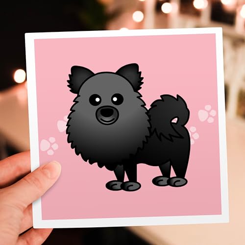 3dRose Cute Black Pomeranian Pink with Paw Prints 1 Greeting Card with envelope