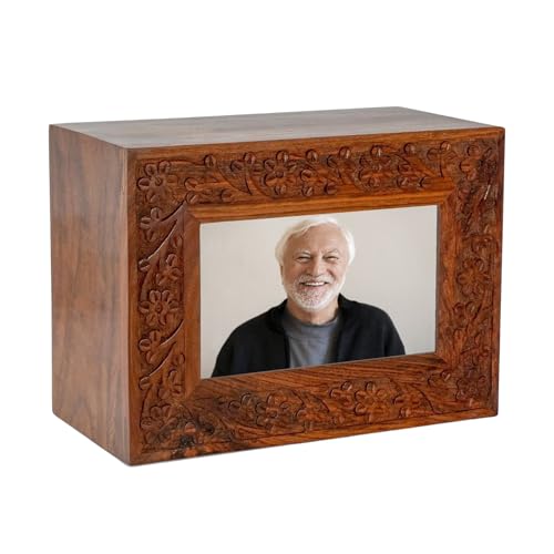 Rosewood Border Engraved Wooden Cremation Urns for Human Ashes Adult - Handcrafted Photo Funeral Memorial Ashes Urn - Columbarium Urn (250 Cubic Inches, Natural) - color: Natural