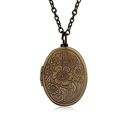 Vintage Engraved Flower Locket Picture Pendant Necklace Antique Carved Pattern Oval Heart Pendant Necklace For Women Hold Picture Souvenir Memorial Jewelry - color: Flower