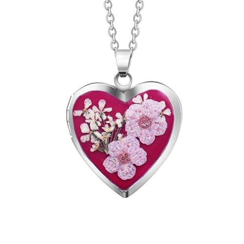 Handmade Heart Shaped Dried Pressed Forget Me Not Flower Photo Locket Pendant Necklace - color: Silver, style: Lavender On red purple