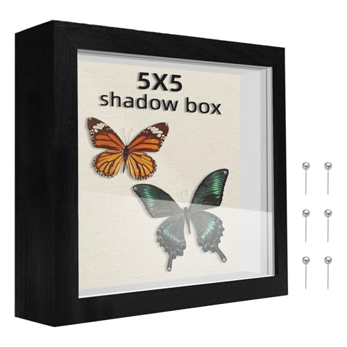 5x5 Shadow Box Frame, 1.2in Deep Keepsake Display Case, Linen Foam Back + 6 Push Pins, Thick Acrylic Front / Protective Film, Wall/Tabletop, for Flowers Tickets Medals Pet Memorial, Black - color: Black, size: 5x5
