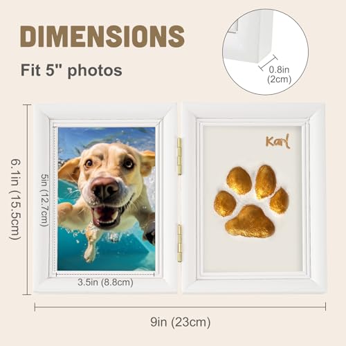 Avont Paw Print Kit, Pet Memorial Keepsake with Frame | Skin-Friendly Air-Dry Clay | Wooden Double-Hinged Frame | DIY Pet Name Stencils | Tabletop & Wall Mount | White - color: White