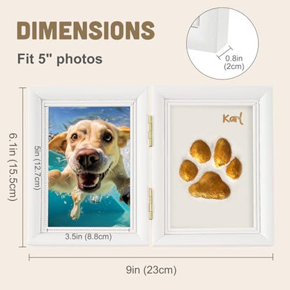 Avont Paw Print Kit, Pet Memorial Keepsake with Frame | Skin-Friendly Air-Dry Clay | Wooden Double-Hinged Frame | DIY Pet Name Stencils | Tabletop & Wall Mount | White - color: White