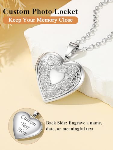 Custom4U Personalized Heart Locket Necklace with Pictures,Sunflower/Angel Wings/Heart Shaped Lockets Custom Photo,Gold/Rose Gold/White Lockets That Holds Picture,Customized Memorial Jewelry for Women - color: B-Heart-Steel(Locket + Photo + Engraving)