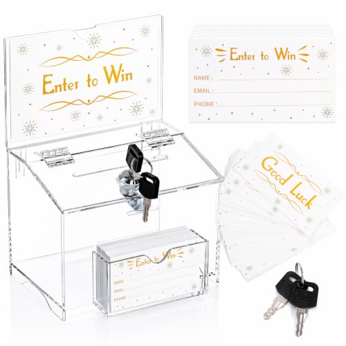 Acrylic Suggestion Box with Lock, Donation Box with 100pcs Raffle Tickets Cards, Clear Ballot Boxes with Sign Holder,Collection Tip for Charity, Voting - size: 6.3 inches x 4.7 inches x 5 inches