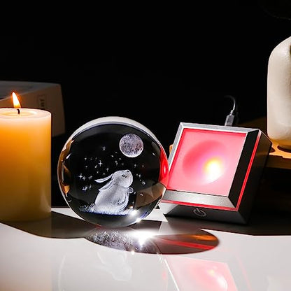 3.15'' Crystal Ball Engraved 3D Rabbit and Moon Stars, Colorful LED Base - color: Rabbit