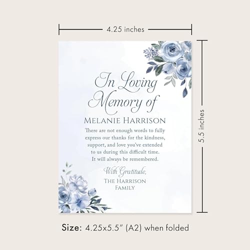 Soft Blue Floral Sympathy Thank You Cards, Folded Watercolor | Personalized, In Loving Memory Notes, Elegant Light Navy, Custom Memorial/Funeral Acknowledgment Set with Name