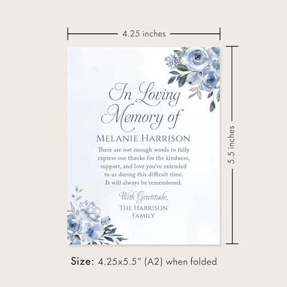 Soft Blue Floral Sympathy Thank You Cards, Folded Watercolor | Personalized, In Loving Memory Notes, Elegant Light Navy, Custom Memorial/Funeral Acknowledgment Set with Name