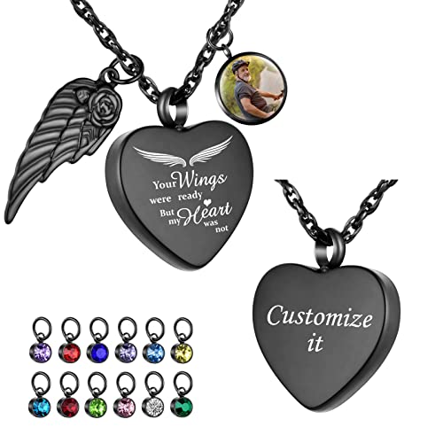 Dletay Heart Urn Necklace for Ashes with 12 Birthstones Cremation Jewelry for Ashes -Your Wings Were Ready My Heart Was Not - color: Your wings-Black Custom