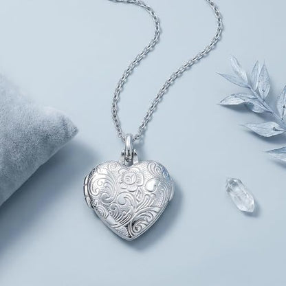 YOUFENG Love Heart Locket Necklace That Holds Pictures S925 Silver Photo Lockets Gifts for Women Jewelry - color: Flower