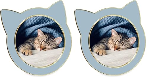Isaac Jacobs 4x4 Fog Blue with Silver Round Enamel Cat Picture Frame w/Ears - Tabletop, Home & Office Décor, (4x4, Fog Blue with Silver) (Pack of 2) - color: Fog Blue with Silver, size: 4x4 (Pack of 2)