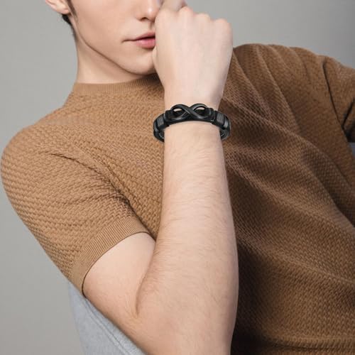 Urn Bracelet for Ashes With Leather Cremation Bracelet Stainless Steel Keepsake Cuff Bangle for Men Gifts With Funnel Kit & Bag - color: Black-22cm