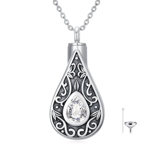 Teardrop Urn Necklace for Ashes Filigree Birthstone Keepsake Pendant Cremation Jewelry for Ashes Memorial Jewelry Gifts for Loss of a Loved One for Women - style: Apri-Diamond