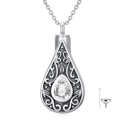 Teardrop Urn Necklace for Ashes Filigree Birthstone Keepsake Pendant Cremation Jewelry for Ashes Memorial Jewelry Gifts for Loss of a Loved One for Women - style: Apri-Diamond