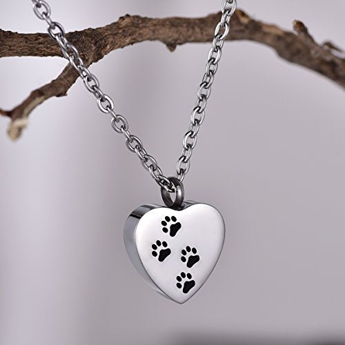Pet Paw Memorial Keepsake Stainless Steel Heart Cremation Jewelry for Ashes Urn Pendant Necklace