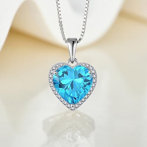 925 Sterling Silver Halo Heart Necklace for Women | Lwsary Love Heart Necklace, Heart Cut Birthstone Jewelry for Her - color: Blue