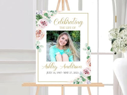 Celebration Of Life Funeral Welcome Sign Blush Pink Roses Greenery Funerals Signs - color: Version #15