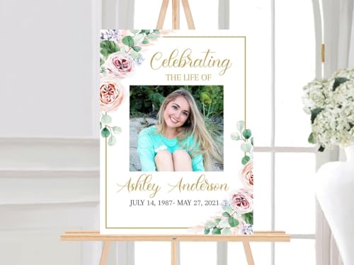 Celebration Of Life Funeral Welcome Sign Blush Pink Roses Greenery Funerals Signs - color: Version #15