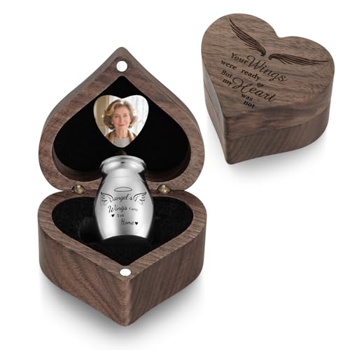SOITIS Personalzied Heart Wood Urn Box Mini Urns for Human Ashes 1.2 Inches Small Urns for Human Ashes Keepsake Angel Wings Cremation Keepsake Urn Small Urn for Ash for Women Men - color: Heart Box A-custom