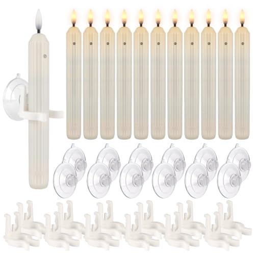 12 Flameless Led Taper Windows Candles with Sensor Dusk to Dawn & Ivory Striped Candlesticks with Suction Cups, Roman Column Christmas Window Candle Battery Operated for Home Decor - color: Flameless Led Taper-12pcs