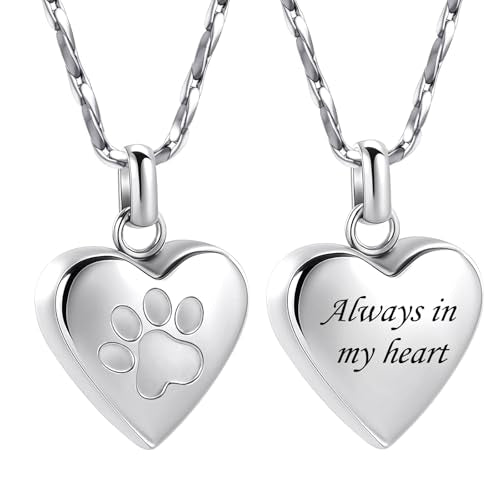 Paw Print Heart Urn Necklace for Pet Ashes Cremation Jewelry Memorial Keepsake Pendant for Dog/Cat Stainless Steel Ash Holder Necklace - color: Silver-Always In My Heart