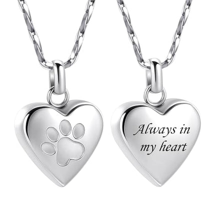 Paw Print Heart Urn Necklace for Pet Ashes Cremation Jewelry Memorial Keepsake Pendant for Dog/Cat Stainless Steel Ash Holder Necklace - color: Silver-Always In My Heart