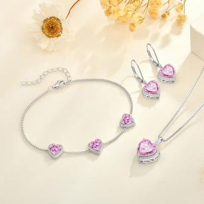 925 Sterling Silver Halo Heart Necklace for Women | Lwsary Love Heart Necklace, Heart Cut Birthstone Jewelry for Her - color: Pink