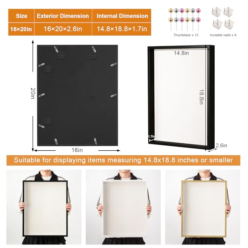 16x20 Large Shadow Box Frame with Thickened Acrylic Panel & Pins | With Push Pins, Deep 1.7" Black Shadow Box Display Case – Display on Tabletop or Wall for Jersey, T-shirt, Keepsake, Wedding - color: Black+high Definition Panel + Shatter-proof Packaging,